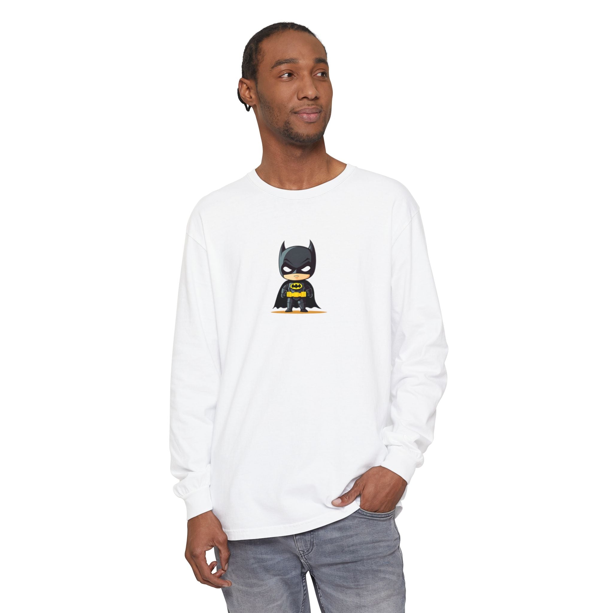 Batman Graphic Long Sleeve Tee — Comic Panel Back & Chibi Logo Front