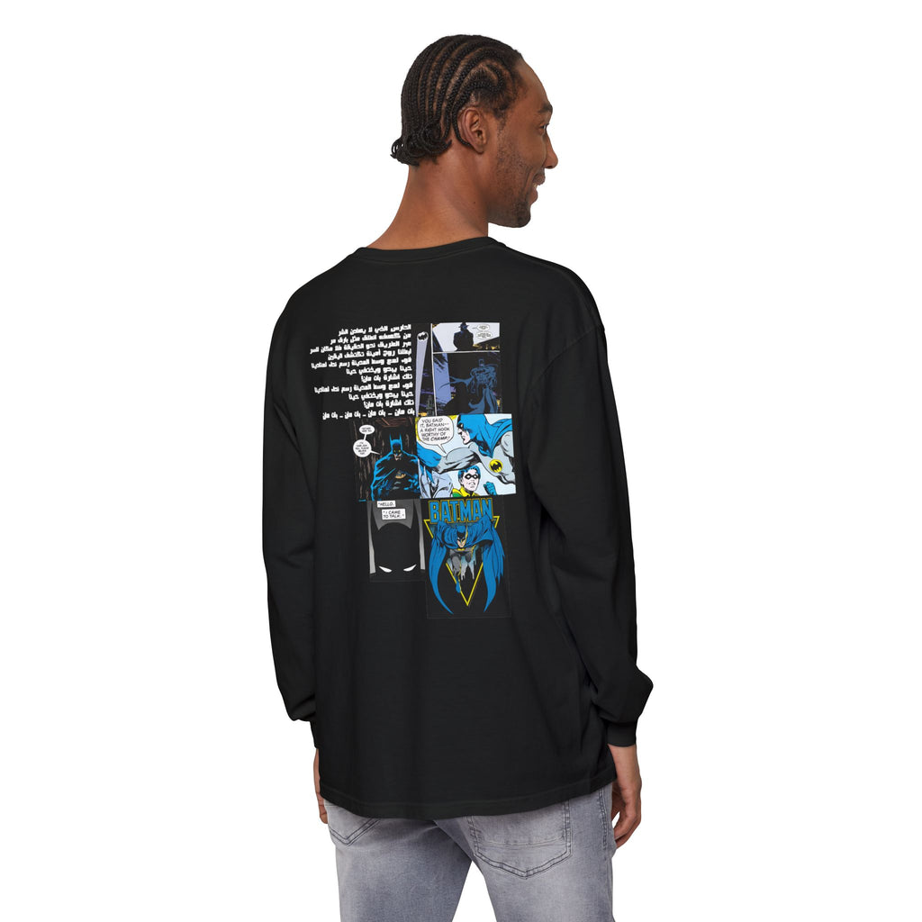 Batman Graphic Long Sleeve Tee — Comic Panel Back & Chibi Logo Front