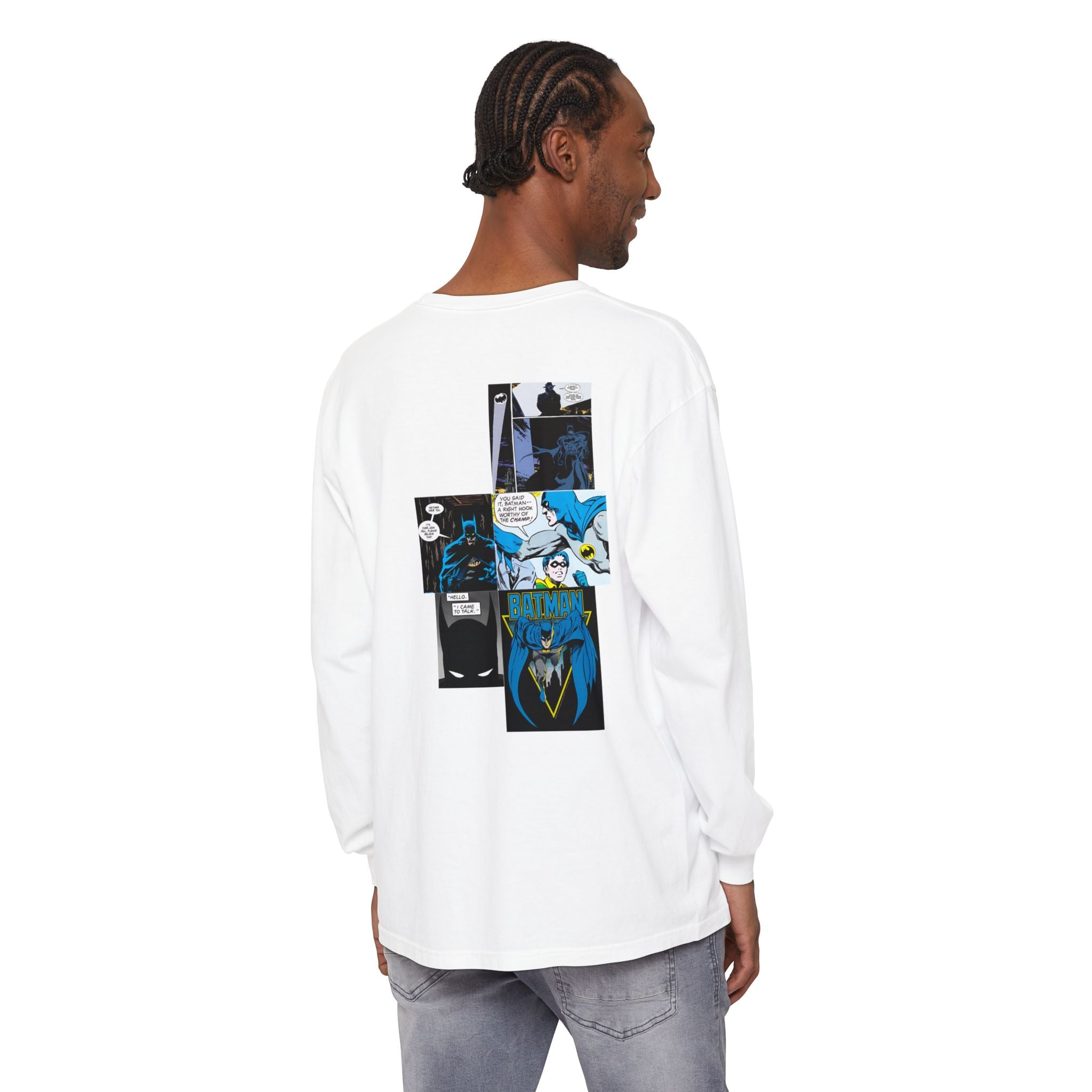 Batman Graphic Long Sleeve Tee — Comic Panel Back & Chibi Logo Front