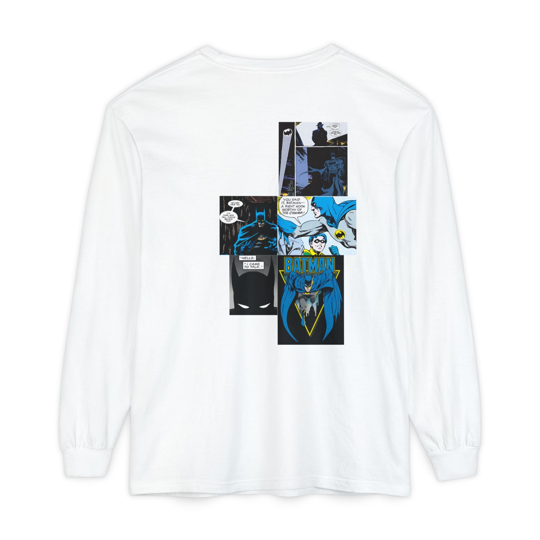 Batman Graphic Long Sleeve Tee — Comic Panel Back & Chibi Logo Front