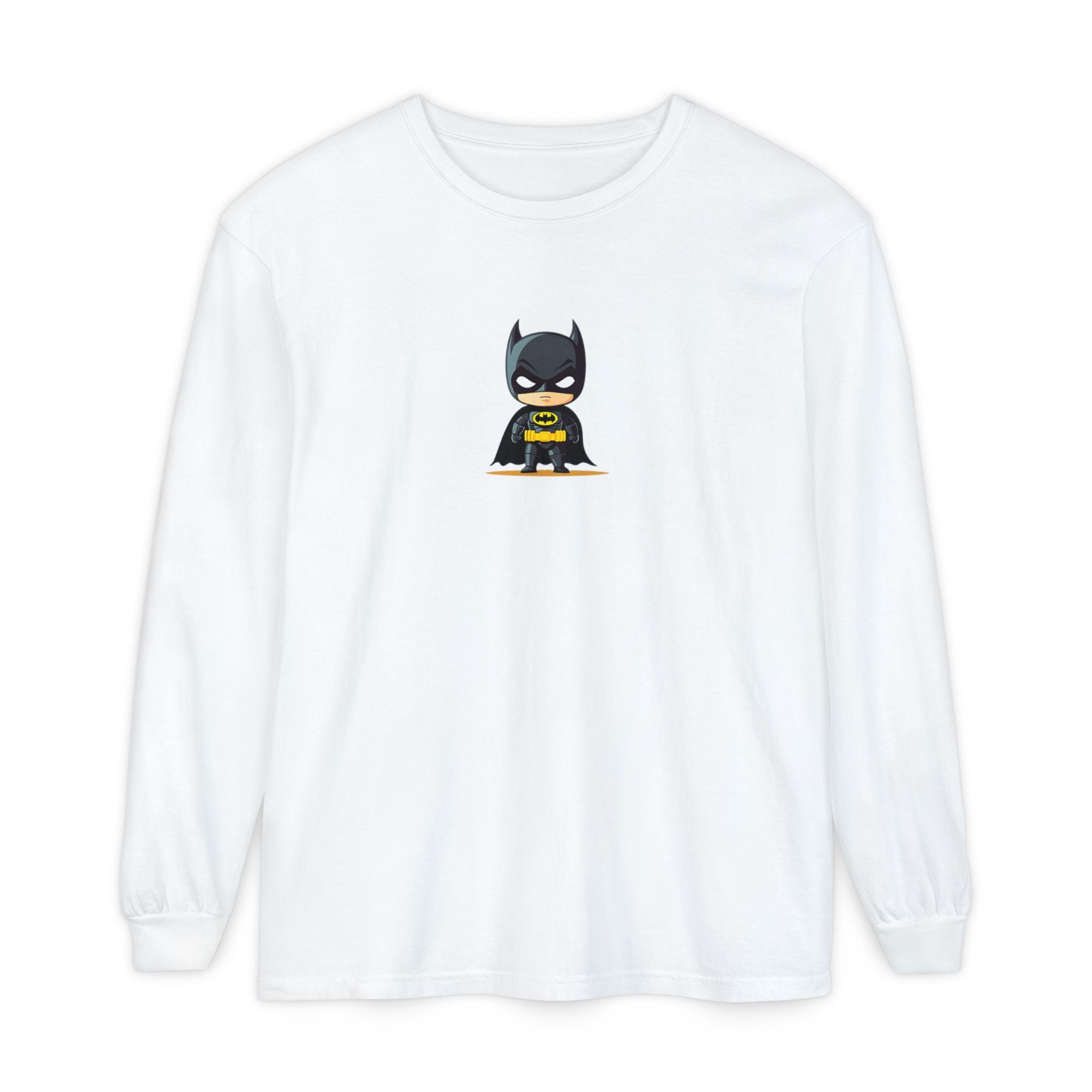 Batman Graphic Long Sleeve Tee — Comic Panel Back & Chibi Logo Front