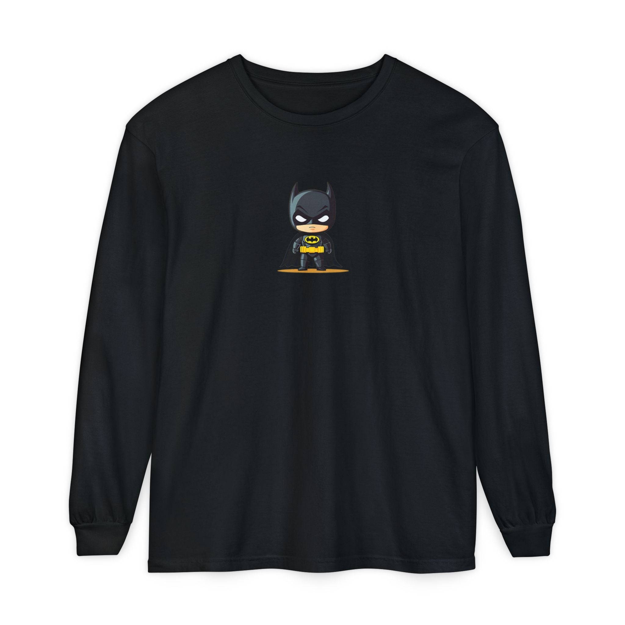 Batman Graphic Long Sleeve Tee — Comic Panel Back & Chibi Logo Front