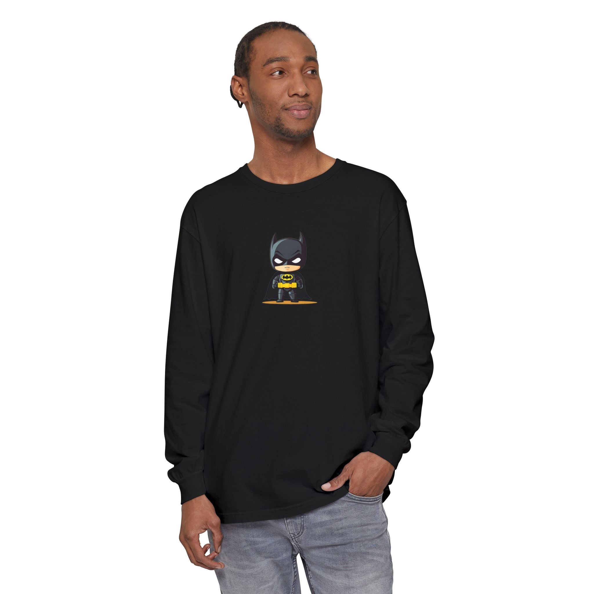 Batman Graphic Long Sleeve Tee — Comic Panel Back & Chibi Logo Front