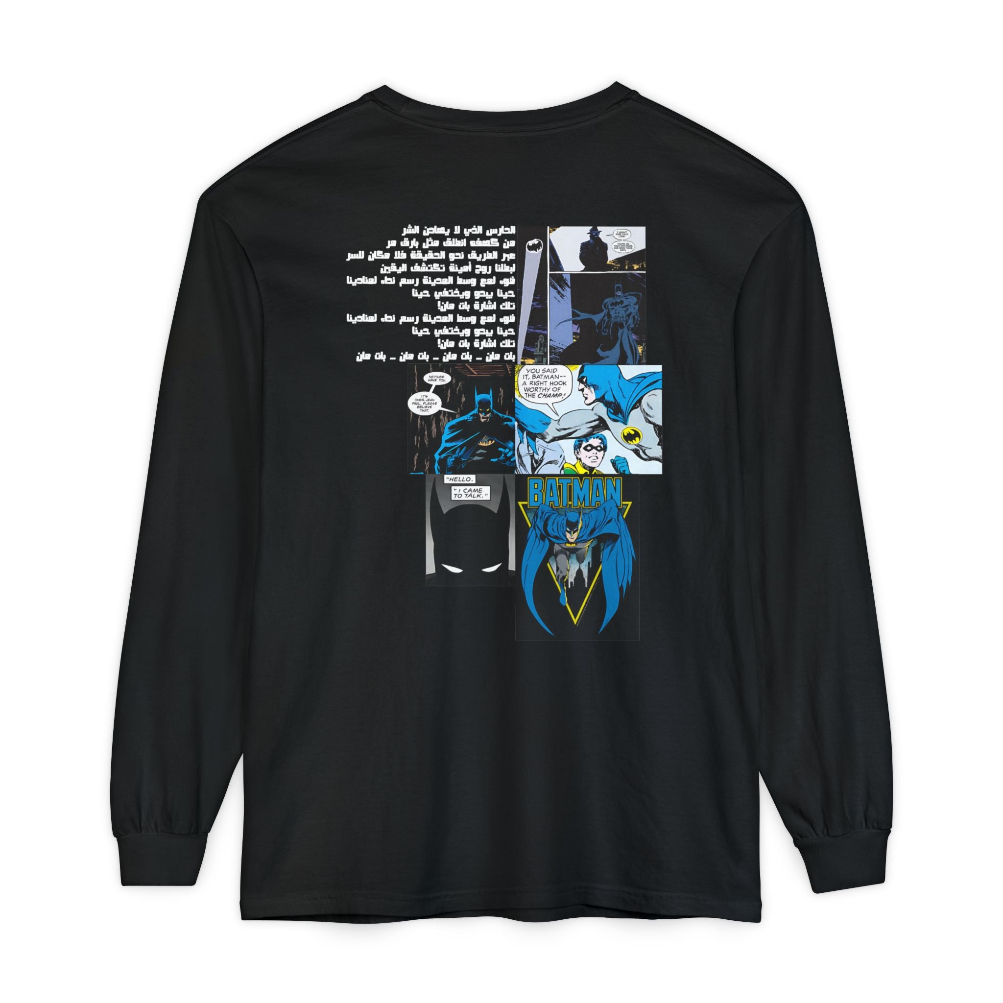 Batman Graphic Long Sleeve Tee — Comic Panel Back & Chibi Logo Front